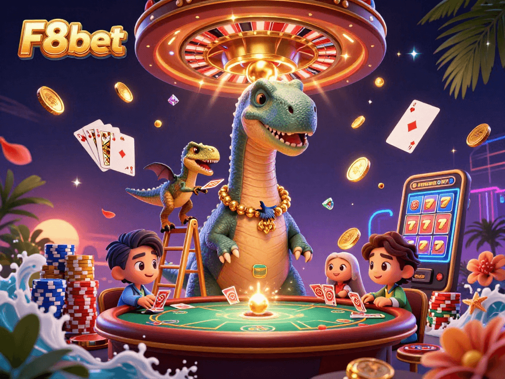 Experience thrilling bets with F8bet in a vibrant casino scene featuring imaginative characters.