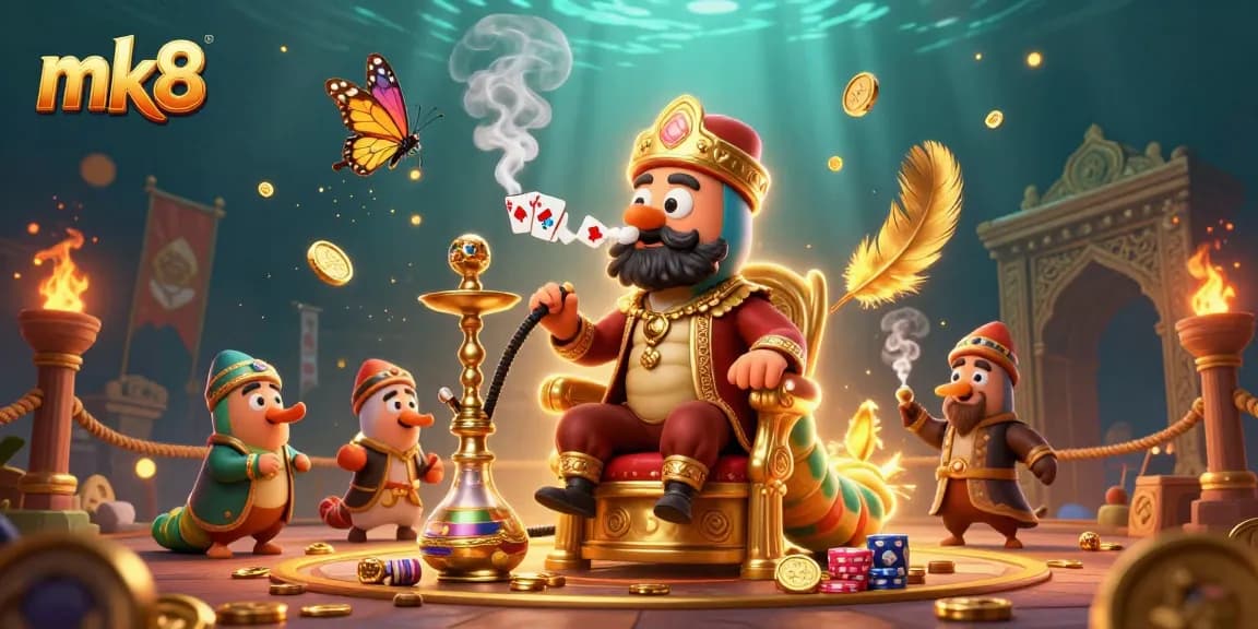 Enjoy mk8 gameplay with golden symbols, coins, and vibrant casino elements showcased in a scenic illustration.