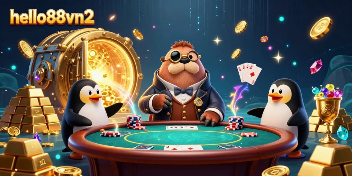 Experience thrilling poker action with hello88vn2’s casino illustration of a blustering walrus and friends.