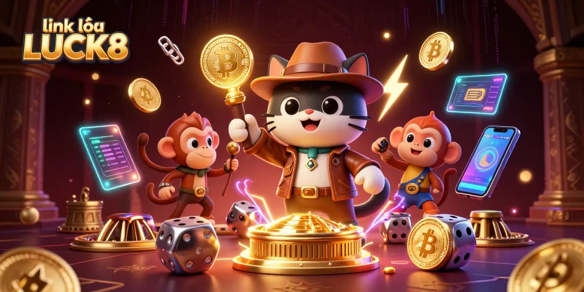 Engage in thrilling adventures with link vào LUCK8 in a vibrant casino world, showcasing crypto artifacts.