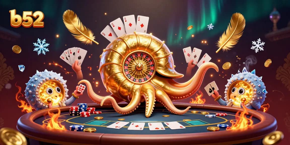 Experience thrilling gameplay with b52's vibrant poker scene featuring ancient nautilus and golden coins.