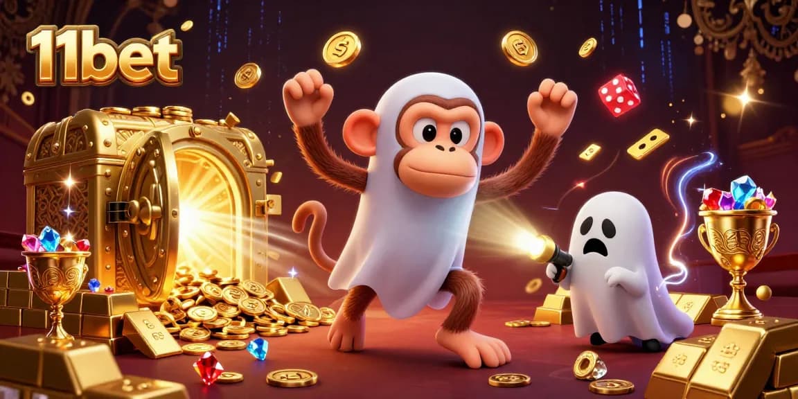 Enjoy thrilling games with 11bet as a playful monkey juggles golden treasures in a haunted casino.