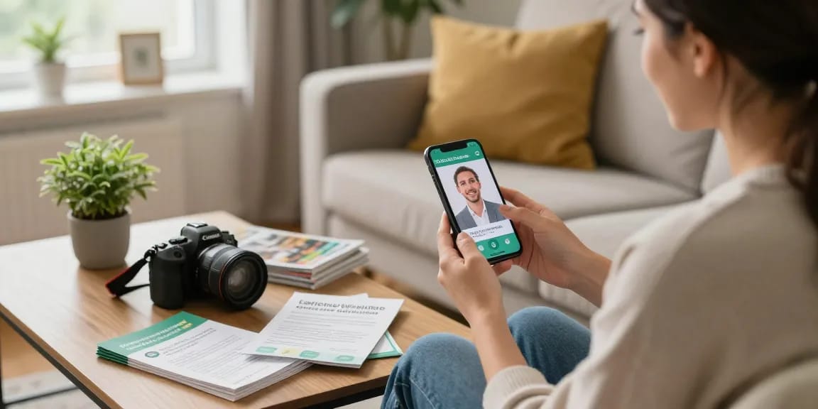 Person bei der Telemedizin-Konsultation zum Thema Cannabis bei Schmerzen und Depression in einer gemütlichen Wohnzimmerumgebung.