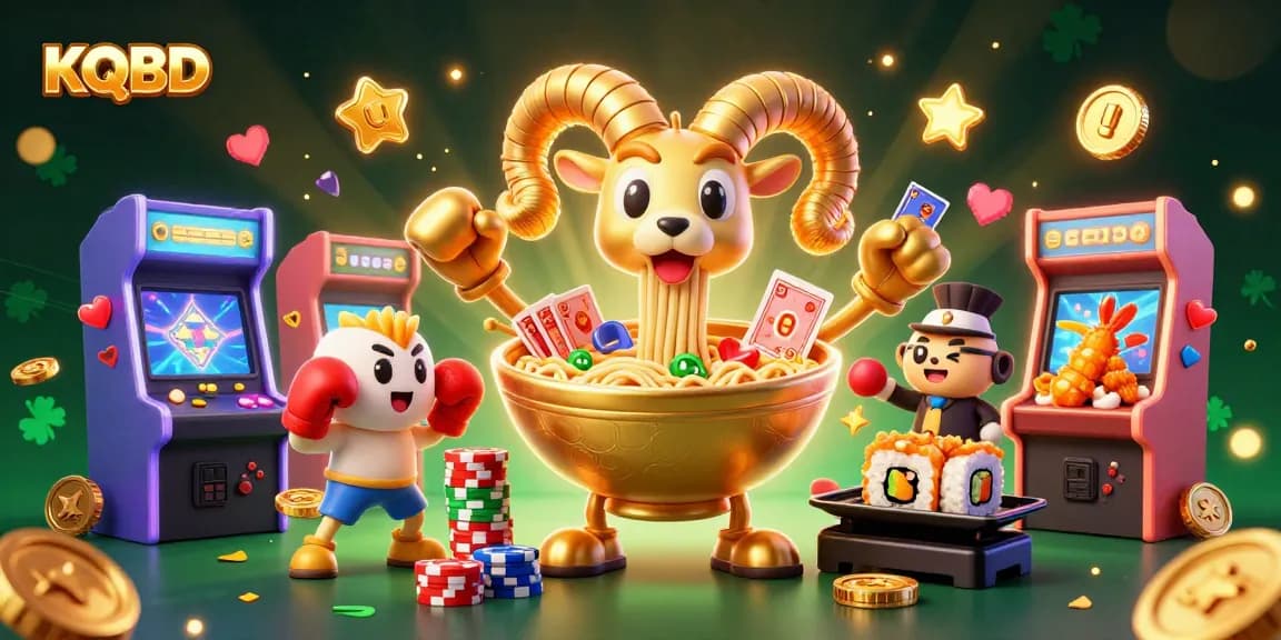 KQBD updates real-time sports scores with dynamic gaming characters in an energetic casino scene.