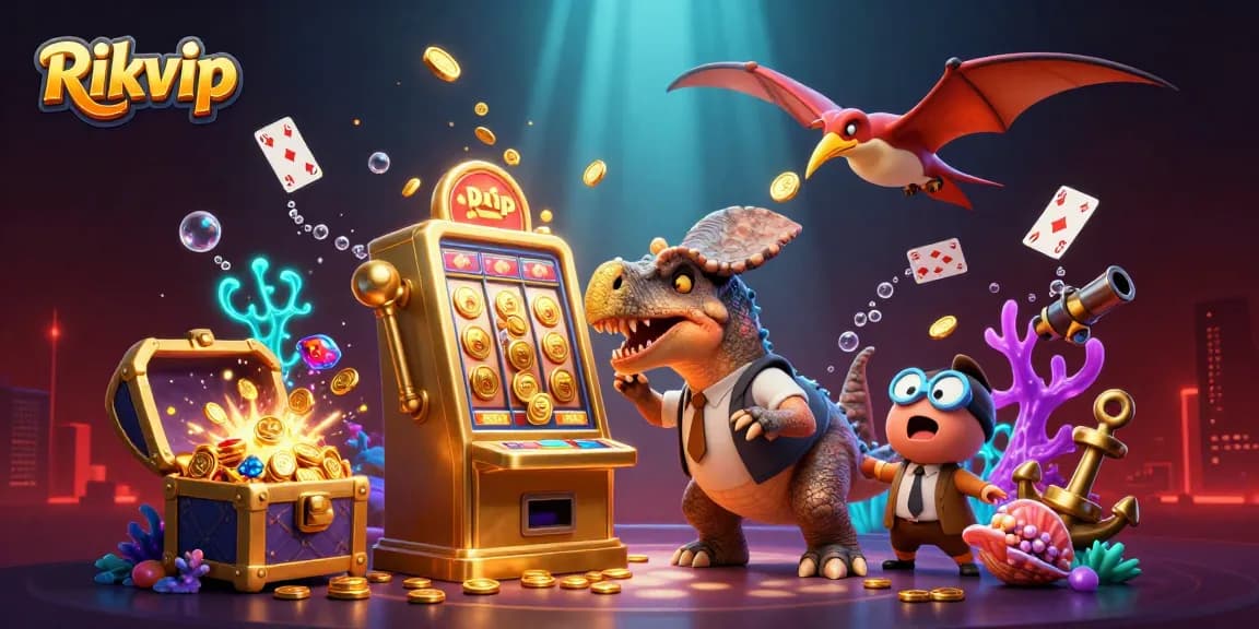 Rikvip players engage with vibrant slot machines while a dinosaur-themed illustration delights with golden coins.
