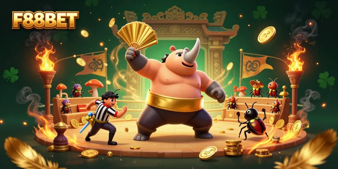 F88BET offers thrilling casino action with a cartoon beetle champion winning amidst flying coins and vibrant game elements.