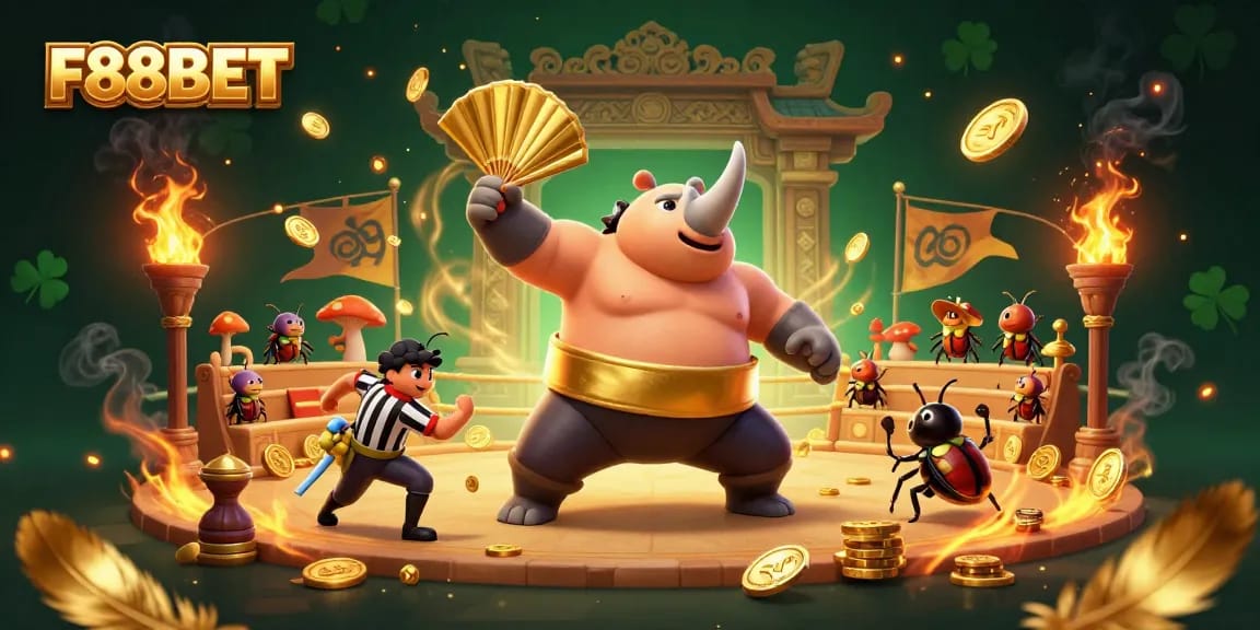 F88BET offers thrilling casino action with a cartoon beetle champion winning amidst flying coins and vibrant game elements.