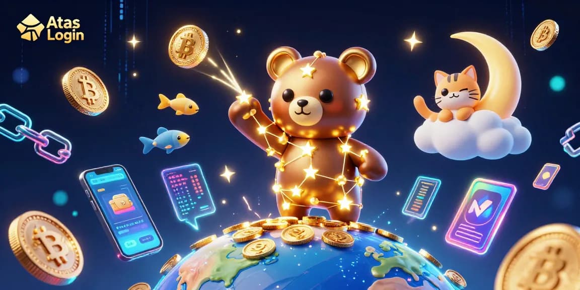 Engage with the Atas Login platform through a vibrant 3D illustration packed with casino elements.