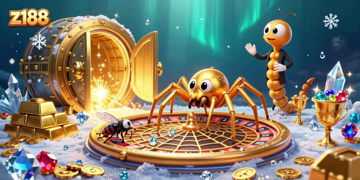 Engage at z188 with playful 3D casino characters and golden treasures illustrating roulette excitement.