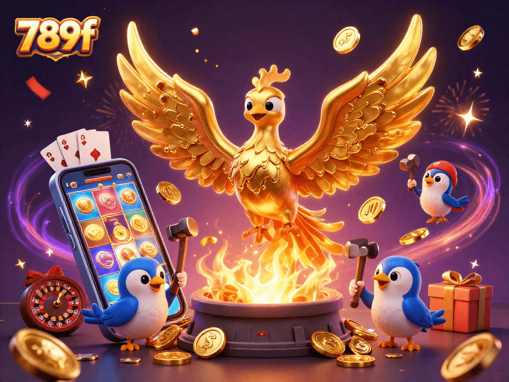 Join the excitement at 789f, where golden phoenixes and coins create a vibrant casino scene.