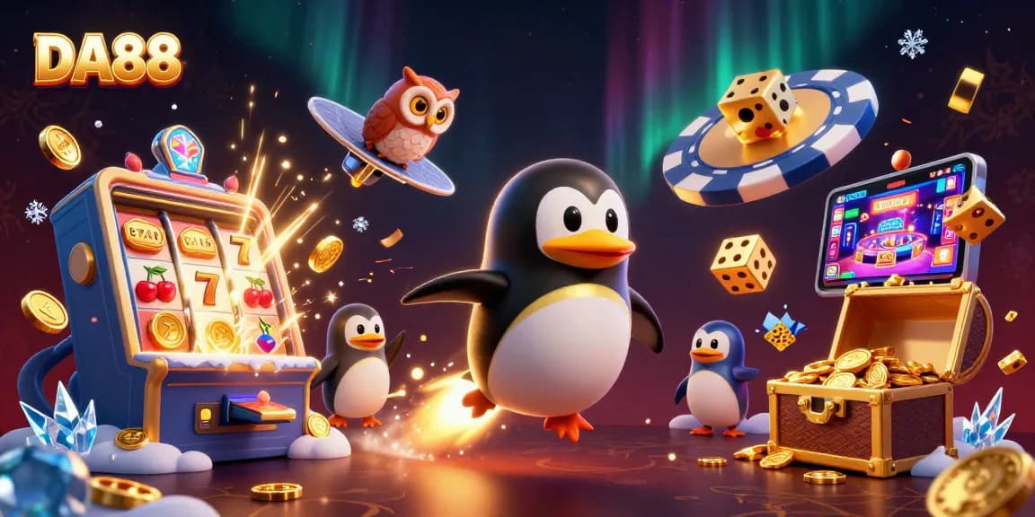 Experience thrilling gaming adventures at DA88 with a golden penguin and explosive slot actions.