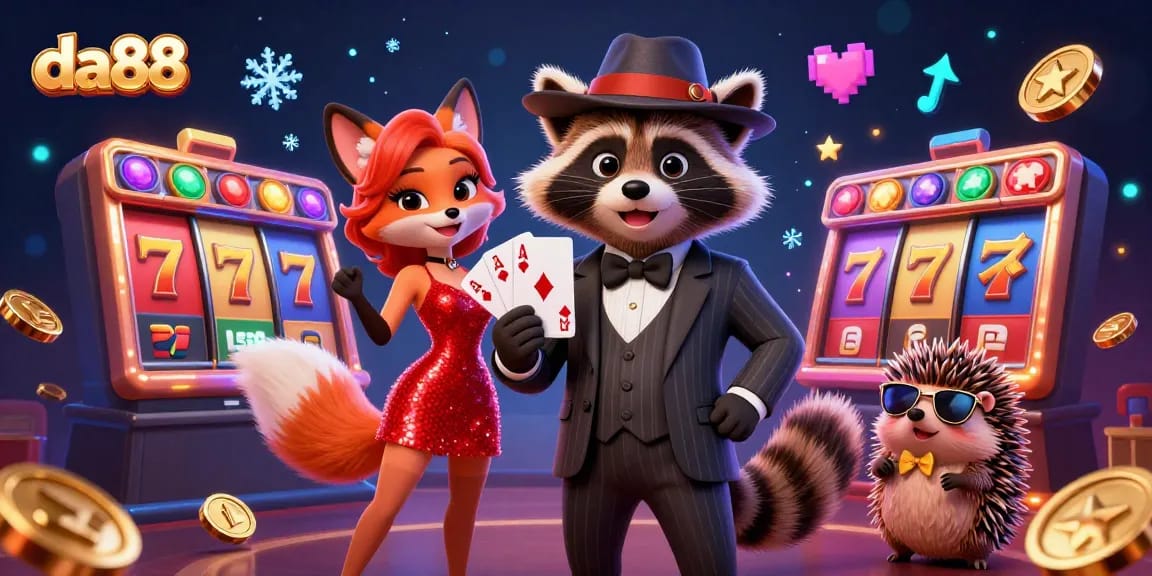 Experience thrilling jackpots with da88 in a vibrant 3D casino scene featuring charismatic characters and slot reels.