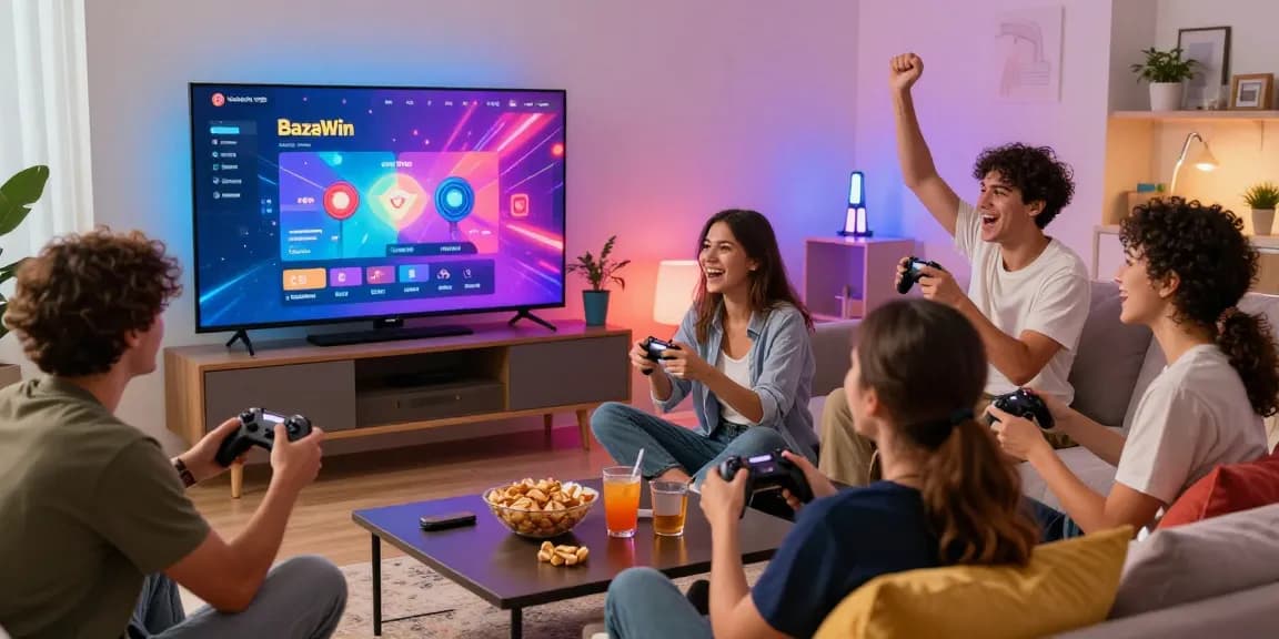 Exciting gaming atmosphere with friends enjoying BazaWin online platform, vibrant living room setup featuring snacks and controllers.