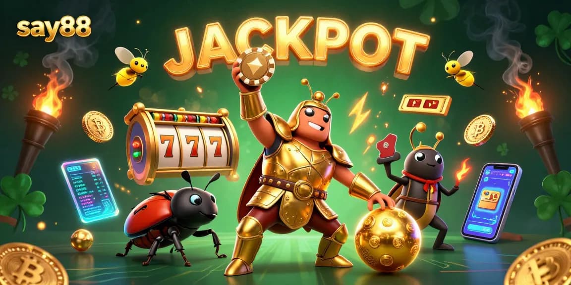 Experience thrilling jackpots at say88 with a 3D cartoon hercules beetle celebrating victory amid vibrant casino elements.