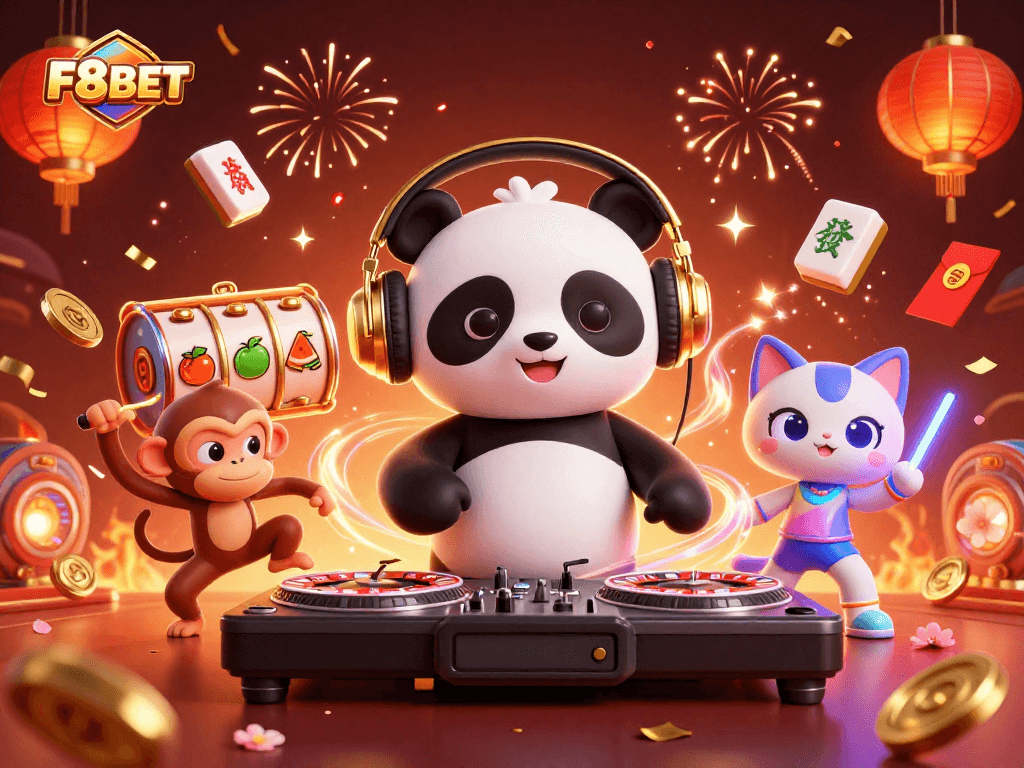 Experience the excitement of F8BET with a dynamic 3D scene featuring a DJ panda spinning winning reels and vibrant characters.