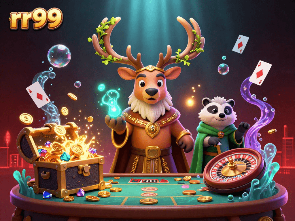 Engage in the thrilling world of rr99 with a vibrant casino scene featuring energetic characters and lively elements.