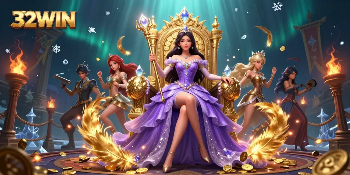 Experience the excitement of 32WIN with a captivating digital illustration showcasing regal themes and vibrant gaming elements.