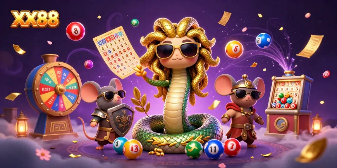 Engage in exciting games at XX88 with a vibrant scene of a friendly Medusa and lively game elements.