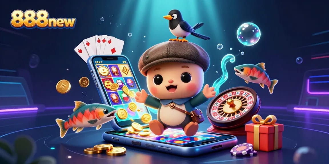 Win big with 888new's exciting 3D illustration showcasing vibrant casino action.