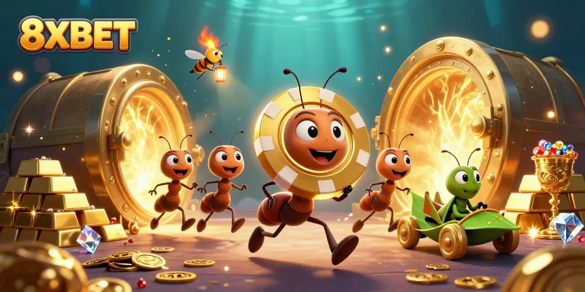 Experience the thrill with 8XBET as ants carry a giant poker chip surrounded by casino riches.