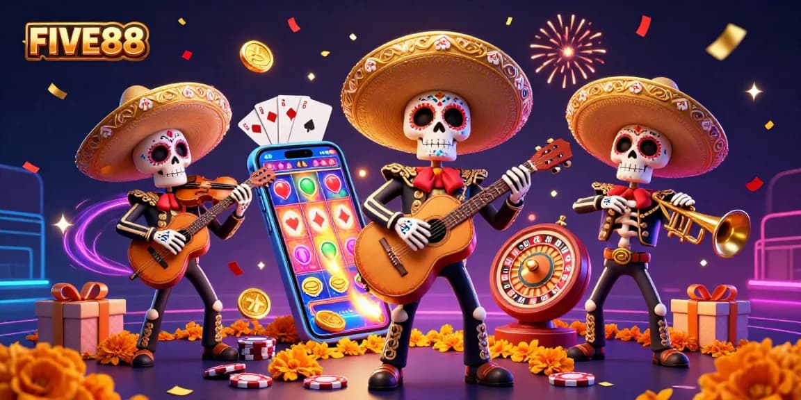 Experience the excitement of FIVE88 with a vibrant mariachi scene packed with casino games.