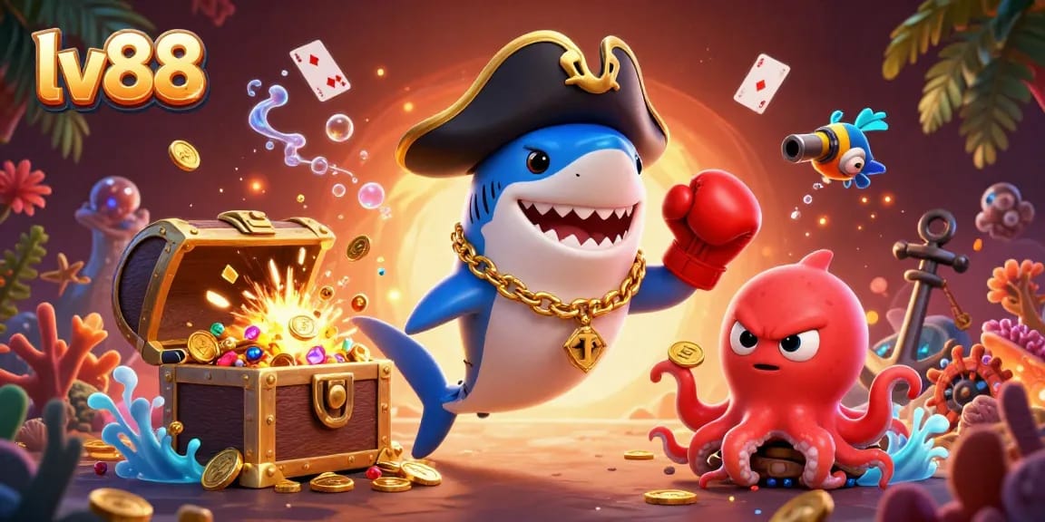 Experience fun at lv88 with a vibrant underwater scene featuring a shark and octopus celebrating wins.