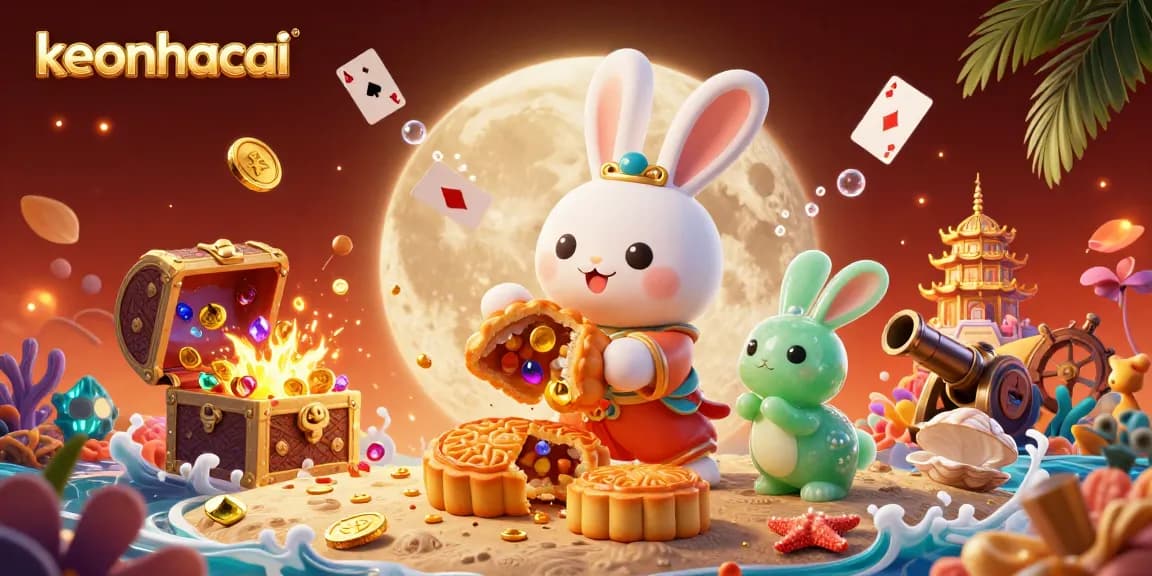 Win with keonhacai in a vibrant 3D moon rabbit casino scene filled with poker chips and treasures.