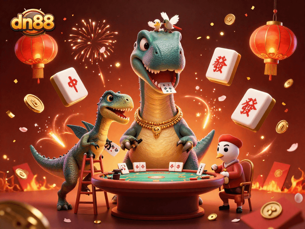 Engage with thrilling casino action at dn88 where a dinosaur deals poker, flanked by festive Mahjong.