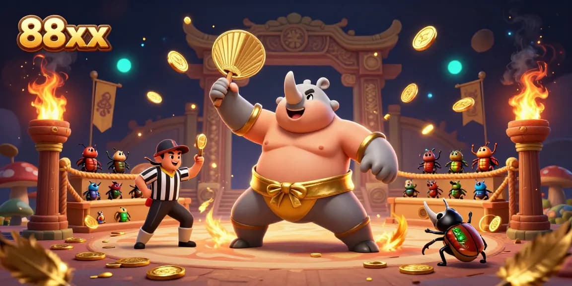 Experience thrilling gameplay with the 88xx sumo champion beetle raising golden coins in an exciting casino scene.