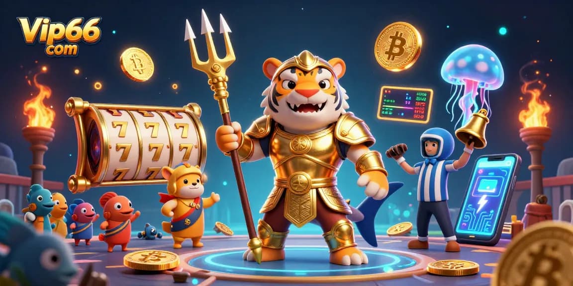 Engage in thrilling gameplay at Vip66 com showcasing a golden shark gladiator in an underwater casino.