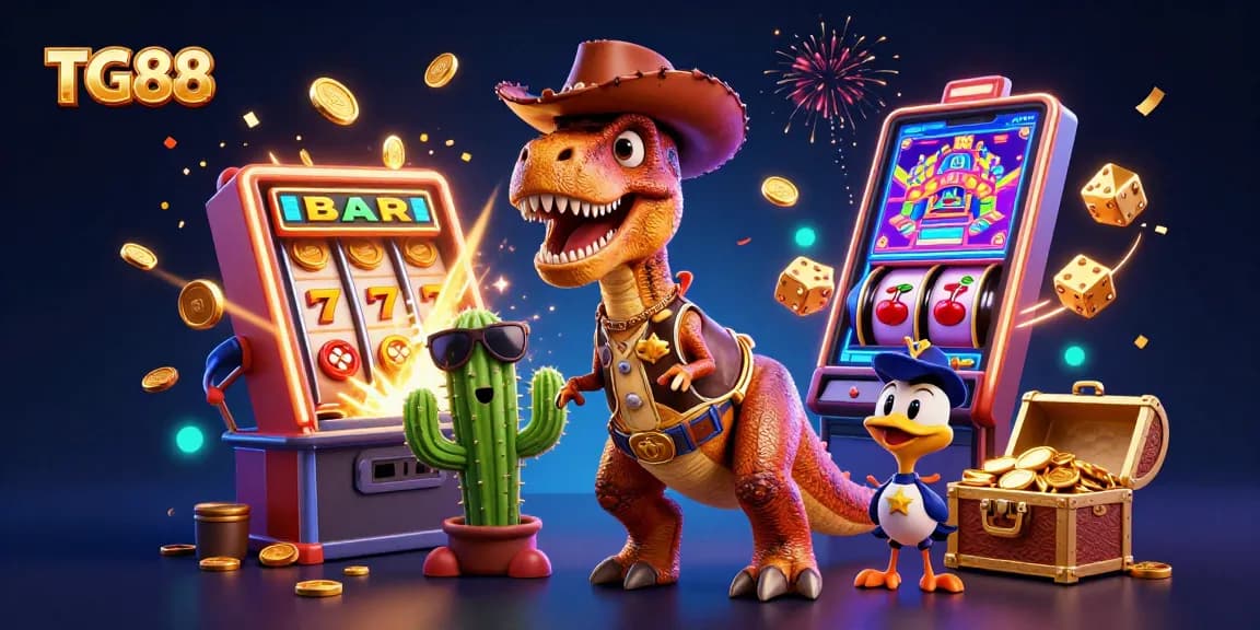 TG88 offers an exciting selection of games as a cowboy dinosaur wins big at the casino.