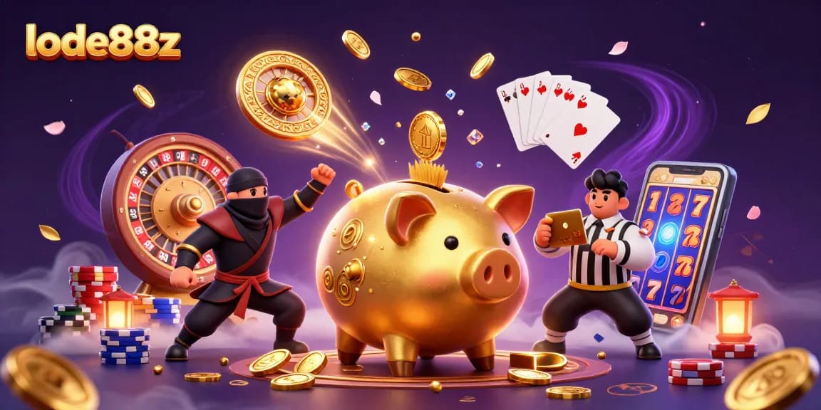 lode88z celebrates gaming excitement with a vibrant scene featuring a golden piggy bank sumo wrestler and dynamic casino elements.