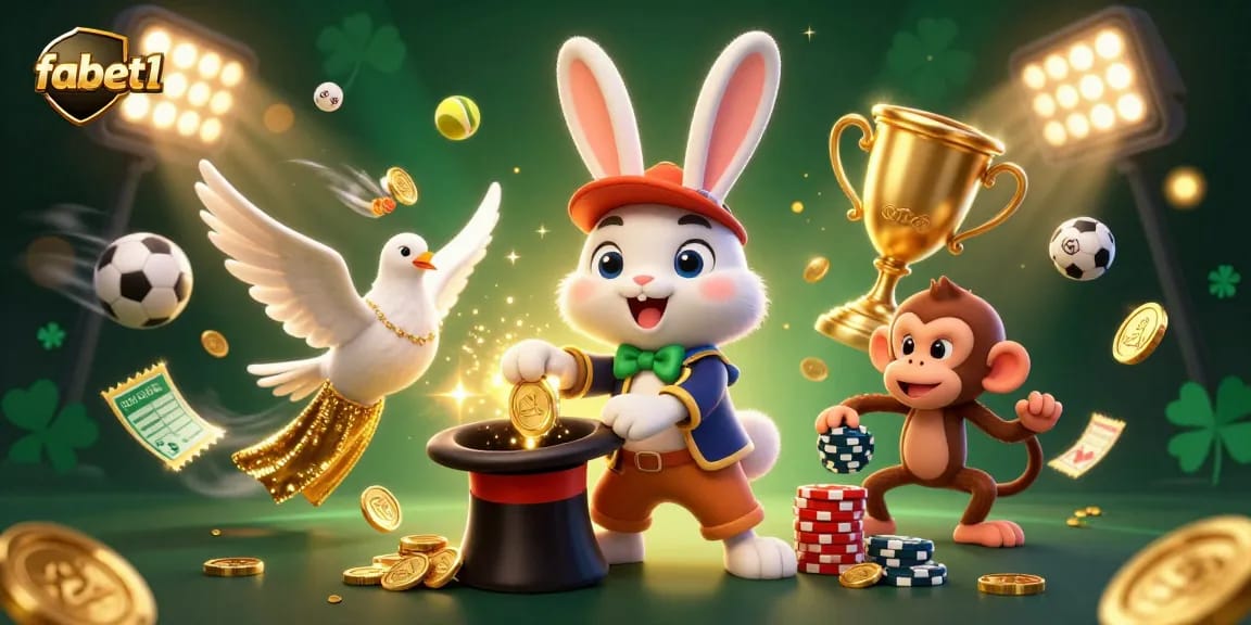 Experience fabet1 with a magician rabbit pulling coins while a dove and monkey animate this casino scene.
