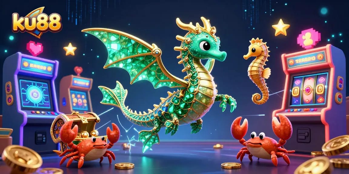 ku88 offers captivating casino adventure featuring a treasure chest, sea dragon, and vibrant arcade elements.