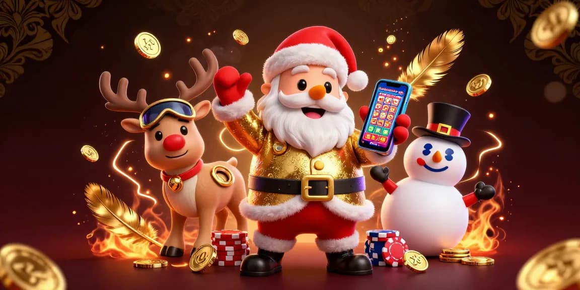 HitClub's Santa Claus celebrates jackpot wins in a vibrant casino scene with festive characters and rich atmosphere.