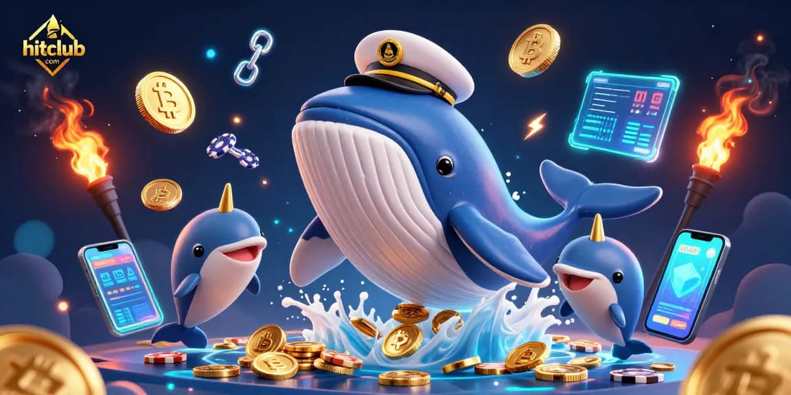 Experience the excitement at hitclub com with a dynamic illustration of a captain whale and playful dolphins surrounded by glowing coins.