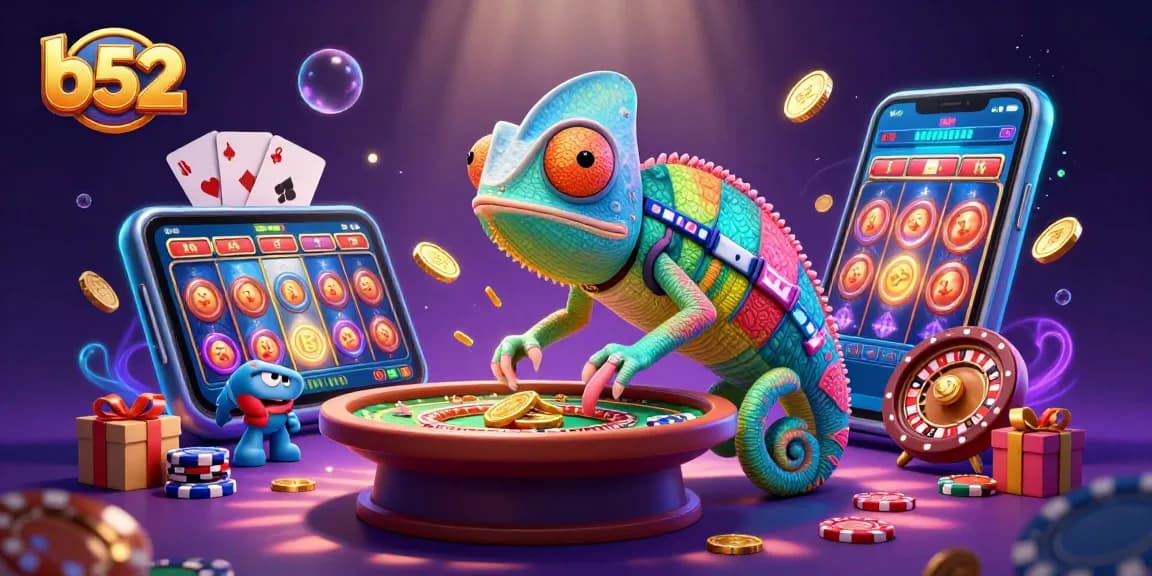 Play exciting games at b52 with a colorful chameleon casino owner and dynamic game elements.