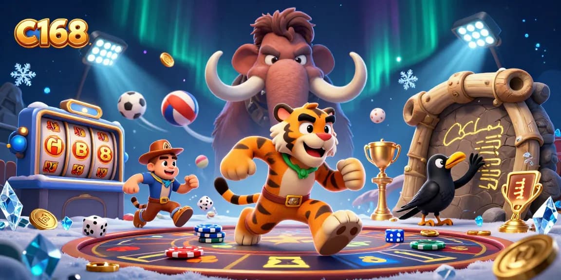 C168 showcases a unique prehistoric casino with caveman characters, sports elements, and engaging atmosphere.