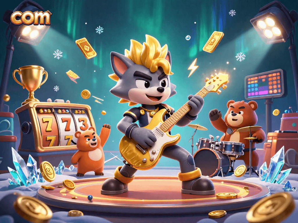 Experience the thrill of com gaming with dynamic 3D casino illustration featuring a rock star wolf and gameplay elements.