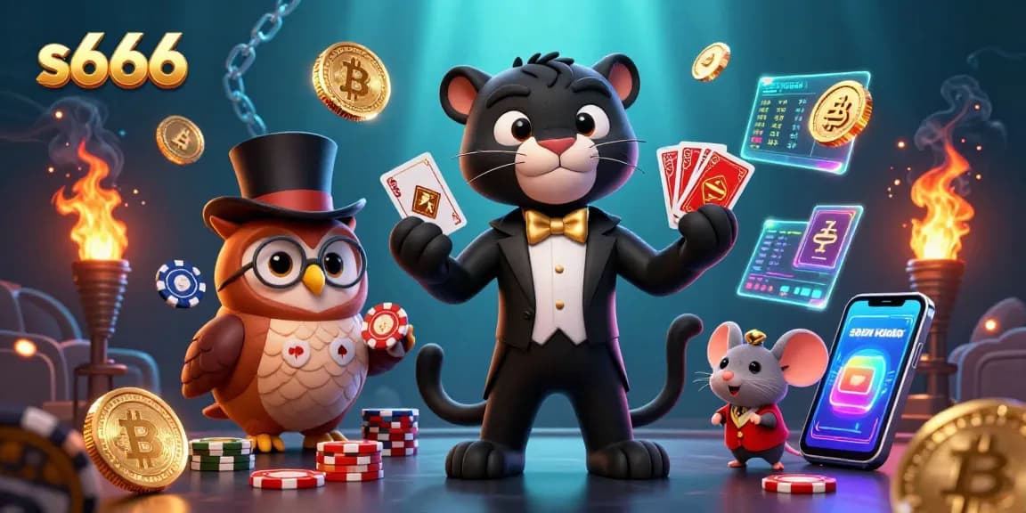 Engage with S666 as the stylish panther deals cards surrounded by crypto elements.