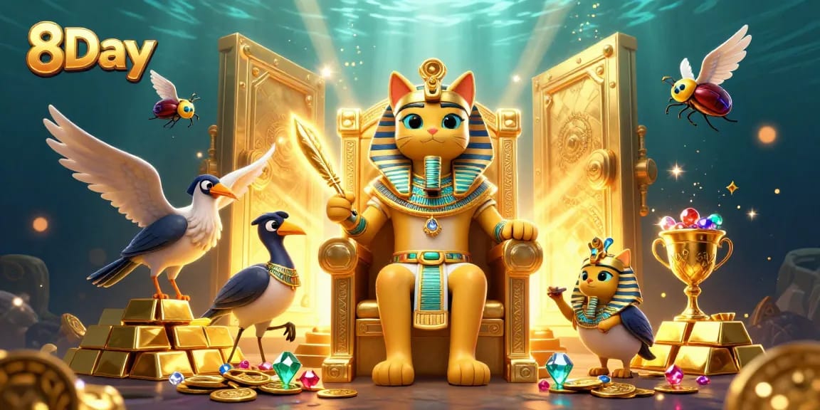Experience 8Day's thrilling gambling atmosphere with a pharaoh cat and treasures in a vibrant casino scene.
