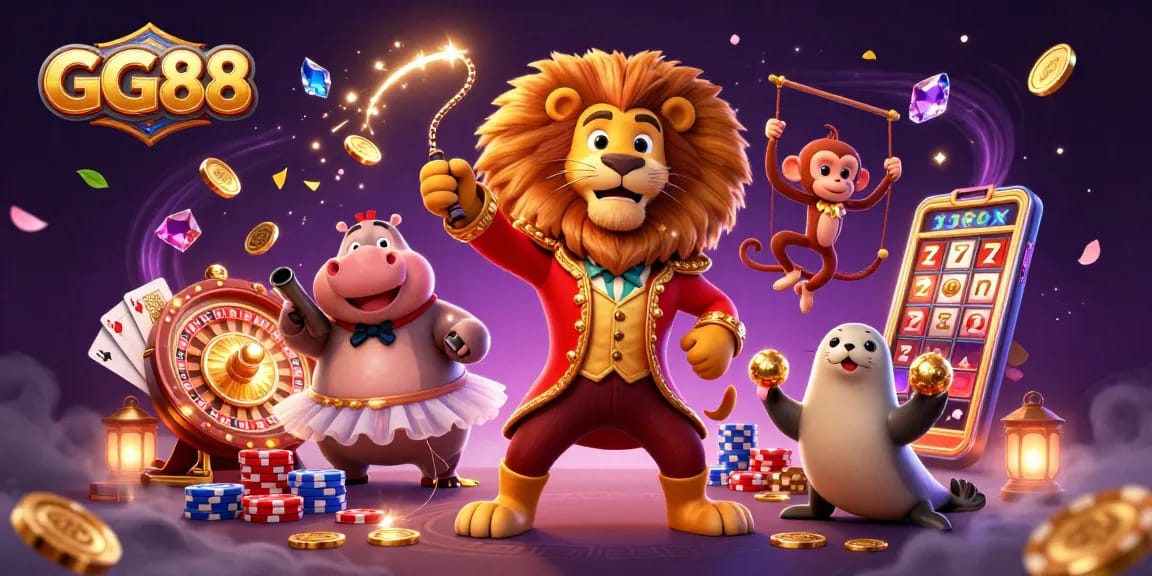 Experience the excitement of GG88 with vibrant casino characters and dynamic game elements showcasing thrilling gambling action.