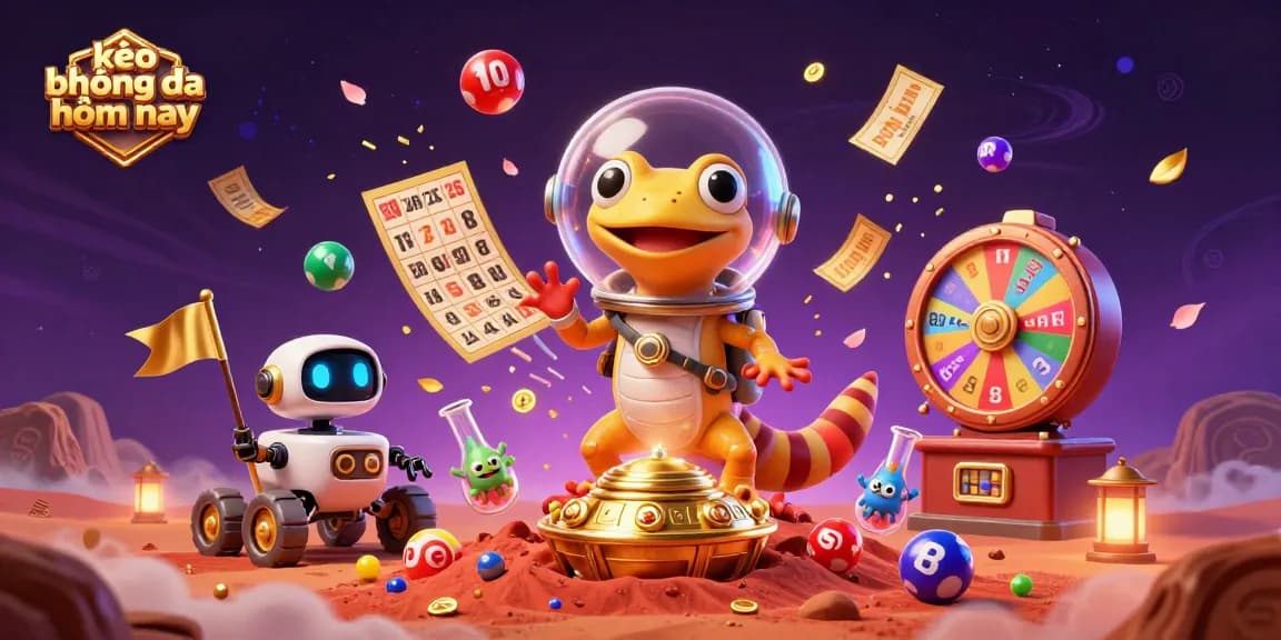 Engage in kèo bóng đá hôm nay with a dynamic scene featuring a Martian gecko exploring a golden casino in a vibrant, colorful environment.