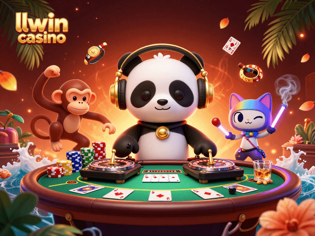 Join the adventure at llwin casino with a DJ panda, dancing monkey, and rave kitten amidst vibrant casino elements.