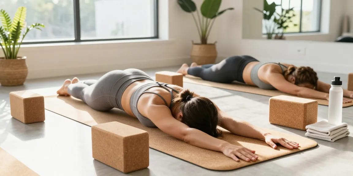 Yogamatte Set mit Block featuring a woman practicing yoga on a cork mat with blocks in a bright studio.