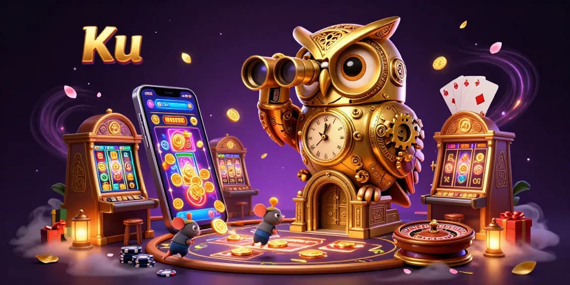 Experience thrilling casino action with Ku, featuring a magical golden owl surveying slot machines and exciting games.