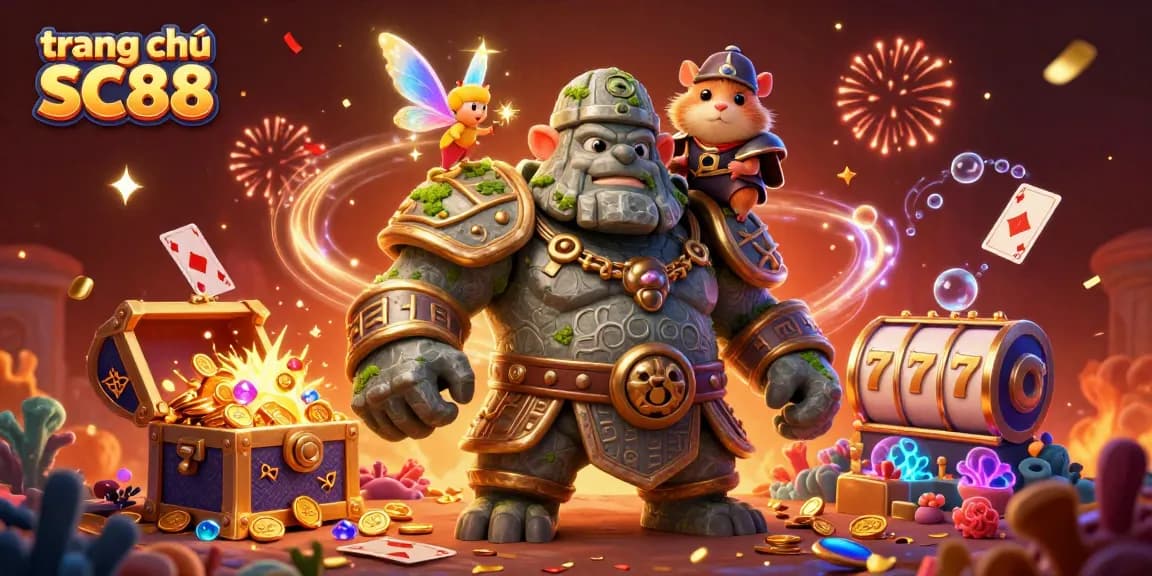 Play exciting games at trang chủ SC88, featuring a vibrant 3D golem guardian and magical elements.