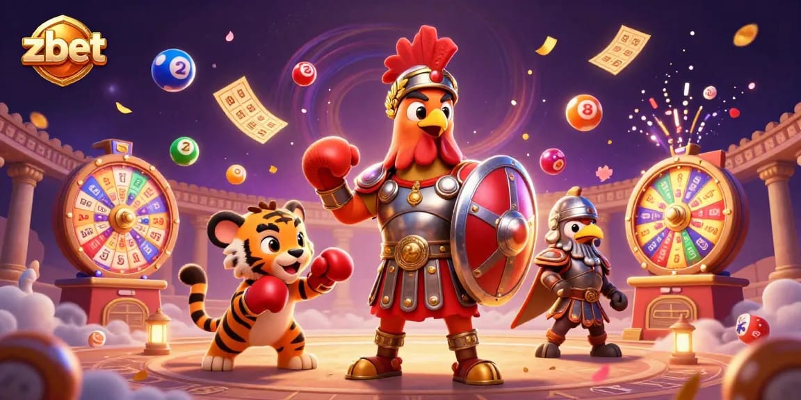 Experience zbet's dynamic casino energy with a gladiator rooster, tiger cub, and games in action.