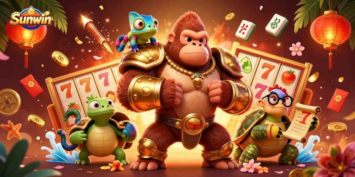 Engage with Sunwin's exciting casino scene featuring lucky 7s, vibrant fruit symbols, and dynamic slot reels.