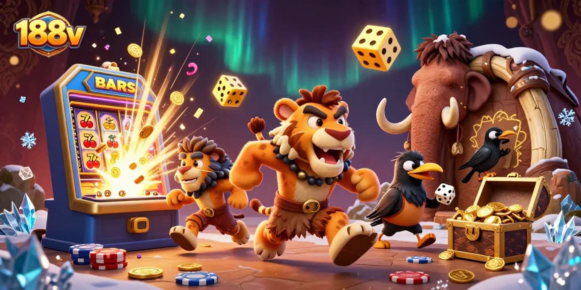 Experience the thrill of 188v slots with a vivid scene of prehistoric casino fun and jackpot excitement.